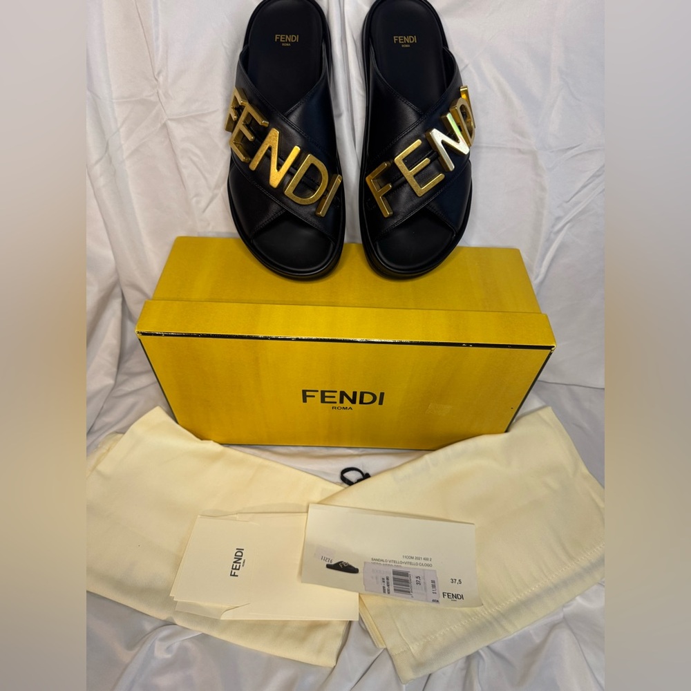 Fendi Black and Gold Slides EU 37.5 US 7.5